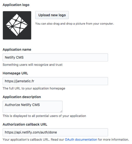 Configuration de l’application Oauth dans GitHub