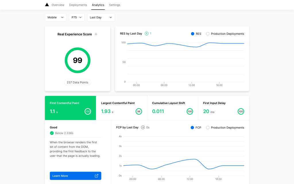 Le tableau de bord des métriques de performance utilisateur de Vercel affiche un score d'expérience réelle, ici pour les 3/4 des utilisateurs de téléphone mobile sur un site généré avec Next.js.